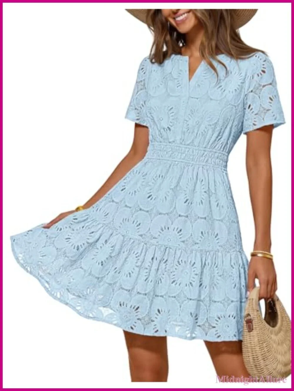 Women's Eyelet Lace Boho Mini Dress, Short Sleeve, A-Line, Notch Neck